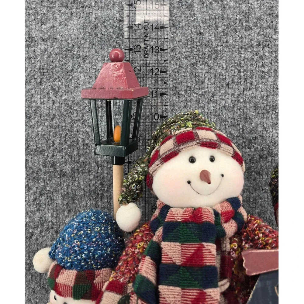 Vintage Snowman Plush Family Holiday Display Multicolor Scarves Wood Accents Y2K